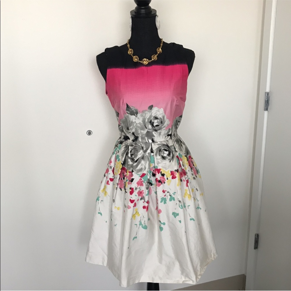 Floral Pleated Knee Length Exposed Zipper Dress